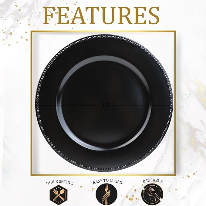 Set of 12 Plastic Black Charger Plates, Elegant Chargers for Table Dinner Decoration, Wedding, Holiday,13"