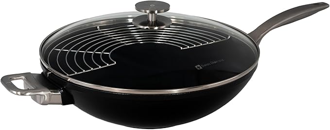 Swiss Diamond Nonstick Hybrid Ceramic and Diamond-Infused Wok With Glass Lid & Tempura Rack, PFAS- and PFOA-free, Dishwasher & Oven Safe Up To 500 째F, 12.5-Inches