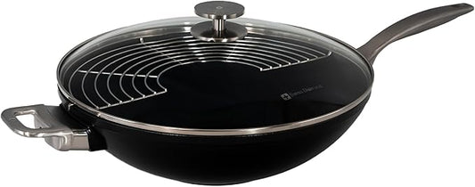 Swiss Diamond Nonstick Hybrid Ceramic and Diamond-Infused Wok With Glass Lid & Tempura Rack, PFAS- and PFOA-free, Dishwasher & Oven Safe Up To 500 째F, 12.5-Inches