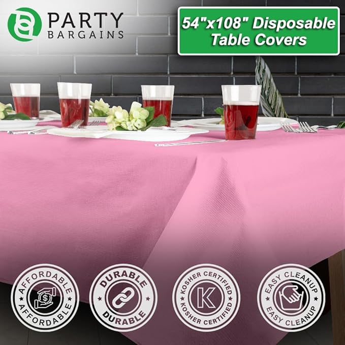 PARTY BARGAINS Disposable Table Covers, 54 x 108 Inch, Pink, 3-Ply Paper & Plastic Spill-Resistant Party Tablecloths, 5 Pack