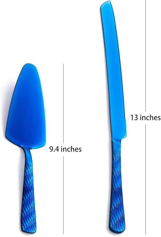 Blue Wedding Cake Knife and Server Set, Stainless Steel Cake Cutting Set, Cake Cutter and Pie Server for Wedding, Birthday, Party