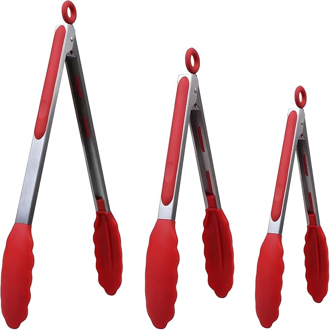 Kitchen Tongs for Cooking w Non-Stick Silicone Tips, 600째F Heat Resistant Silicone Cooking Food Tong Set Heavy Duty Stainless Steel Handle for Baking Grilling BBQ Salad Serving, 7" 9" and 12"