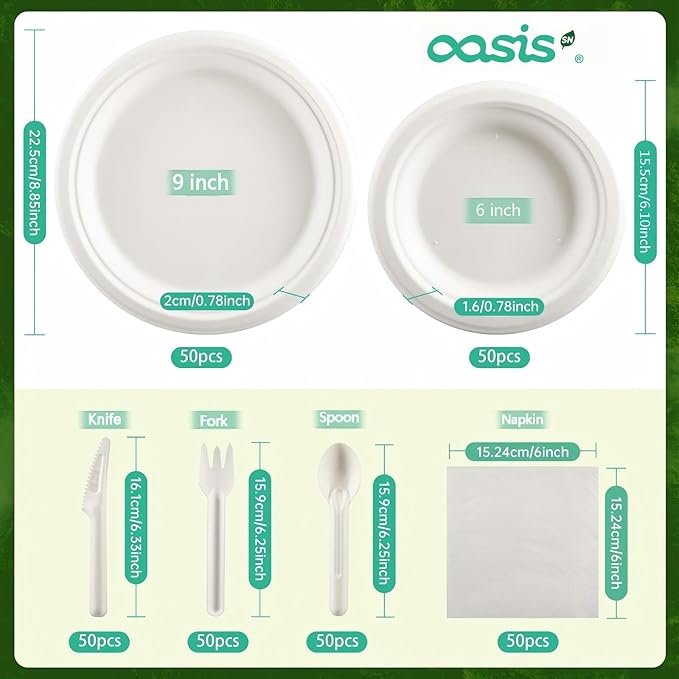 300PCS Disposable Paper Dinnerware Set for 50 Guests, Compostable 50 6??Dessert Plates, 50 9??Plates, 50 Spoons, 50 Forks, 50 Knives and 50 Napkins, Perfect for Gatherings, Parties (White)