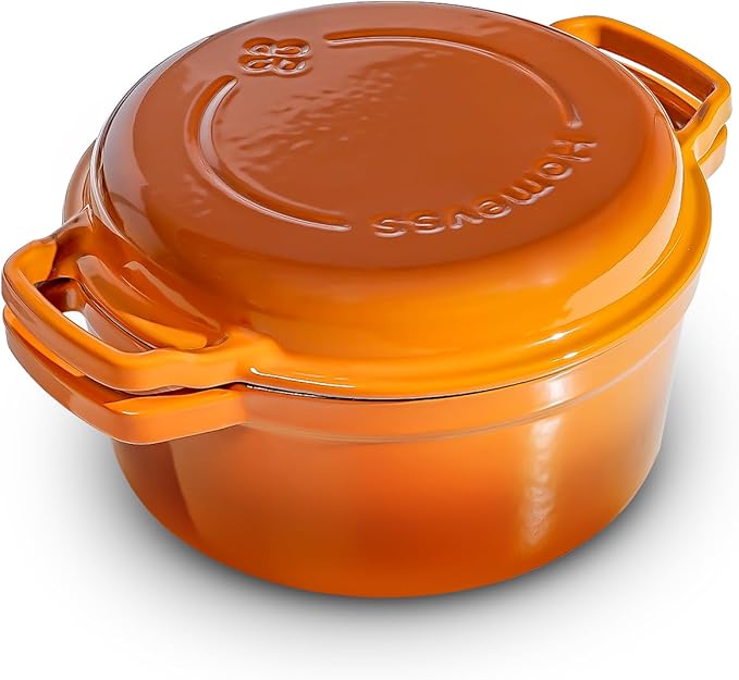 2-in-1 Enameled Cast Iron Braiser Pan with Grill Lid 5-Quart Small Dutch Oven, Non-Stick Cookware Multi Cooker for Bread Baking Cooking Stewing, Suit for All Cooktops, Dual Handles & Oven Safe, Orange