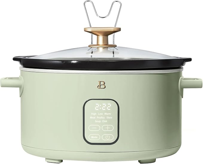 Beautiful 6 Quart Programmable Slow Cooker, 5 Cooking Presets, Digital Countdown Timer, Dishwasher Safe Parts by Drew Barrymore (Sage Green)
