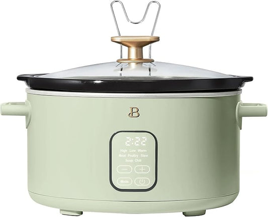 Beautiful 6 Quart Programmable Slow Cooker, 5 Cooking Presets, Digital Countdown Timer, Dishwasher Safe Parts by Drew Barrymore (Sage Green)