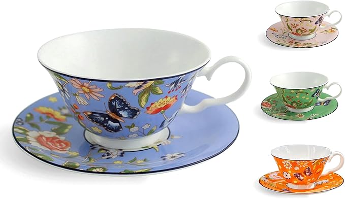 Aynsley Cottage Garden Windsor Fine Bone China Teacup & Saucer - 7.5oz (220ml), Elegant Windsor Shape, Christmas Gift for Tea Lovers, British Craftsmanship-Blue
