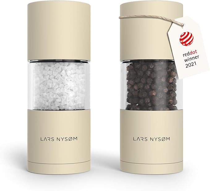 LARS NYS횠M Salt and Pepper Grinder Set, Manual Salt and Pepper Mills with Adjustable Ceramic Grinder, Design Spice Shaker Set (Almond Beige)