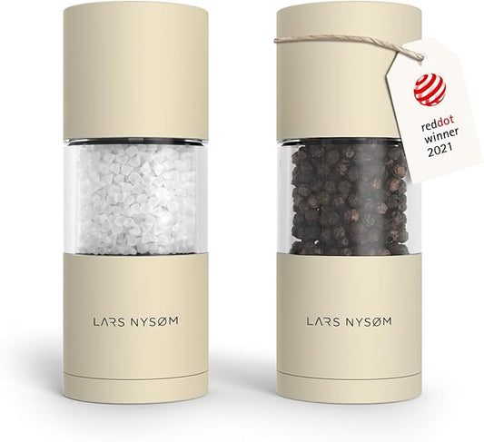 LARS NYS횠M Salt and Pepper Grinder Set, Manual Salt and Pepper Mills with Adjustable Ceramic Grinder, Design Spice Shaker Set (Almond Beige)