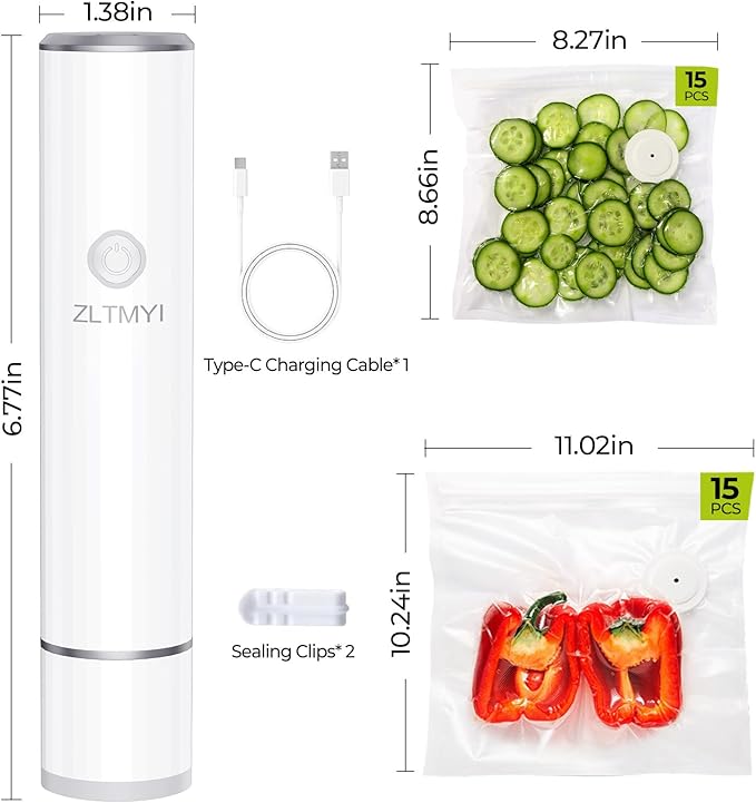 Handheld Vacuum Sealer for Food, Compact Portable Food Saver Pump with 30 BPA?멑ree Reusable Vacuum Bags Type-C Rechargeable, Ideal for Sous Vide, Meal Prep, Leftovers & Freezer Storage