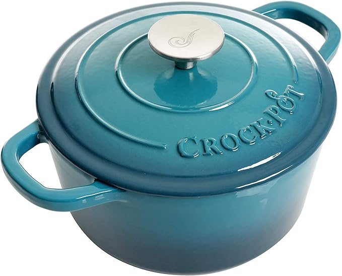 Crock-Pot Artisan 3-Quart Round Enameled Cast Iron Dutch Oven ??Gradient Teal, Durable Heavy-Duty Cookware for Slow Cooking, Roasting, Baking with Lid