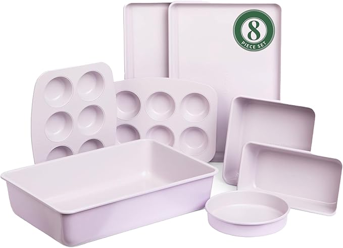 Larder & Vine 8-Piece Bakeware Set | Non-Stick Baking Set with Ceramic Finish | PFAS, PFOA, PTFE, and BPA Free Baking Essentials | Baking Sheets, Muffin Tins and Assorted Baking Pans | Lavender