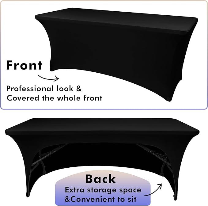 Nasitos 2 Pack Spandex Fitted Black Tablecloth for 4 Foot Tables-Open Back Folding Table Cover Washable Fabric Stretch, Tight and Wrinkle Resistant Table Protector for Trade Show, Craft Show, Events