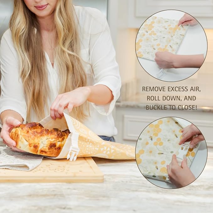 Reusable Beeswax Bread Bag 2 Pack ??2x17 Bread Bag for Homemade Sourdough, Beeswax Coated Organic Cotton Storage Bag for Loaf Baguette, Freezer Safe, Eco-Friendly Wrap Honeybee