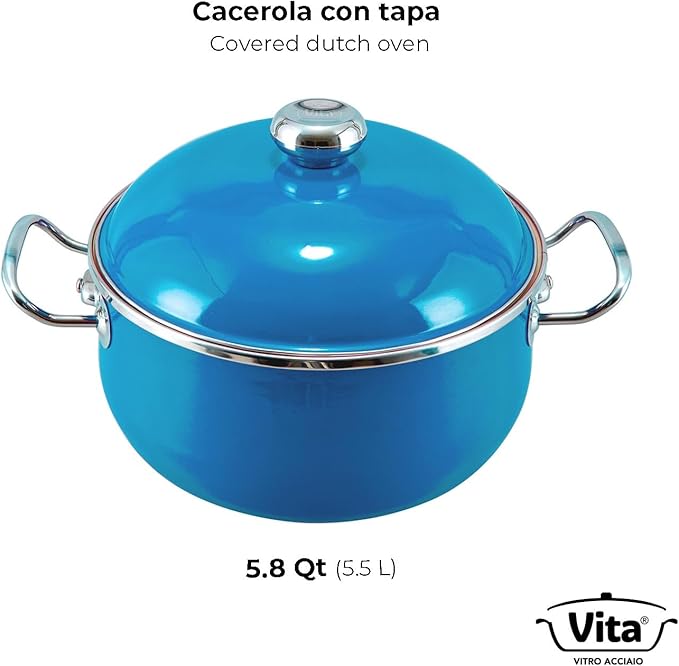 VITA 6-Quart Dutch Oven (Blue) with Lid for All Stove Tops (Enamel on Steel) Dishwasher & Oven Safe up to 500 ??- Quick & Even Heat Distribution - Enameled Interior is Non-Reactive & Easy to Clean