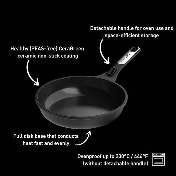 Berghoff Phantom 2Pc Nonstick Ceramic Frying Pan Set Detachable Handle Recycled Cast Aluminum CeraGreen Non-toxic Coating Induction Pan Oven-to-table Cookware Full Disk