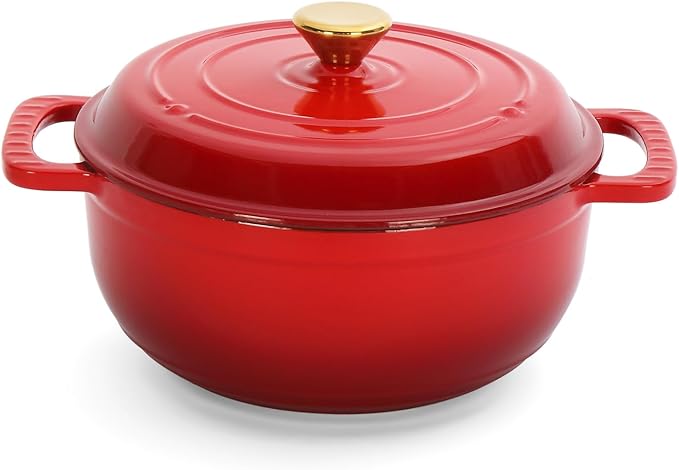 Dutch Oven Pot with Lid, 5 Quart Enameled Cast Iron Dutch Oven, Dual Handles, Kitchen Pots Oven Safe up to 500째F, Stovetop Compatible, Marinate, Cook, Bread Baking, Refrigerate & Serve, Red