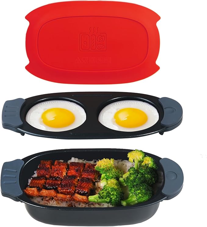 Quick-Heat Microwave Egg Cooker and 33 OZ Microwave Grill Combo | 2-Piece Breakfast Maker Set for Grilling, Frying, Crisping Meat, Bacon, Pancakes & Veggies | Dishwasher Safe & Non-Stick for Kitchen RV, Dorm, Office(Red)