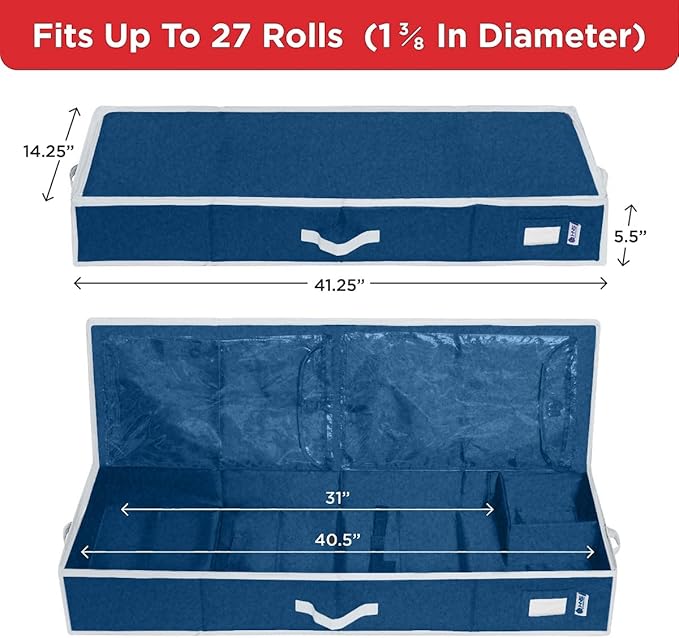 HOLDN??STORAGE Premium Wrapping Paper Storage Container - Durable 600D Tear-Proof, Fits 27 Rolls Gift Wrap, Extra Pockets for Ribbons & Bows, Underbed Storage - Ideal for Holiday Christmas, Blue