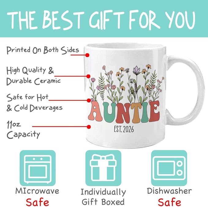 Wildflowers Auntie Mug - Promoted to Auntie Est 2026 - Aunt to Be Gift - Pregnancy Announcement Gift for Best Friend - New Aunt Mug - Christmas Gifts for Aunts