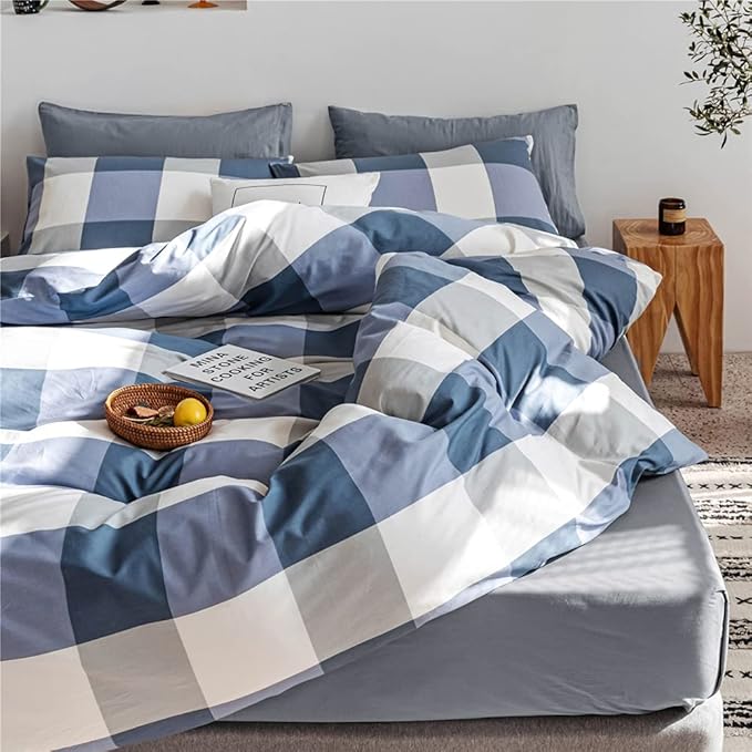Plaid Comforter Set Full Modern Style Checkered Pattern Comforter for Men Boys Blue White Grey Geometric Comforter with 2 Pillowcases Soft Fluffy 3 Pieces Lightweight Bedding Set Full Comforter Set