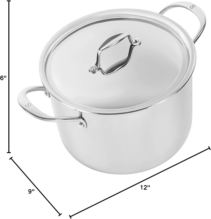 Sardel 8QT Stock Pot - Made in Italy, Stainless Steel Cooking Pot with Lid, Non Stick, Lightweight, Sturdy Heat Resistant Handles, Induction Compatible & Oven Safe