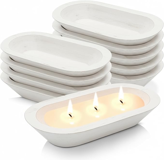 Nuogo 10 Pack Wooden Dough Bowls Bulk 12.5 Inch Rustic Dough Bowls for Wedding DIY Candle Home Crafts Making Farmhouse Fruits Supplies Decoration(White)