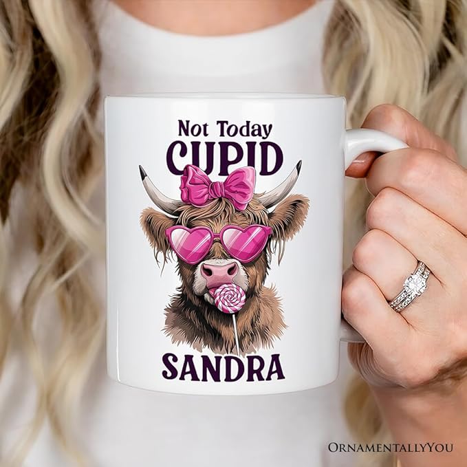 OrnamentallyYou Personalized Valentine Mug (Valentines Highland Cow Personalized Mug, Not Today Cupid Funny Cow Lover Gift)