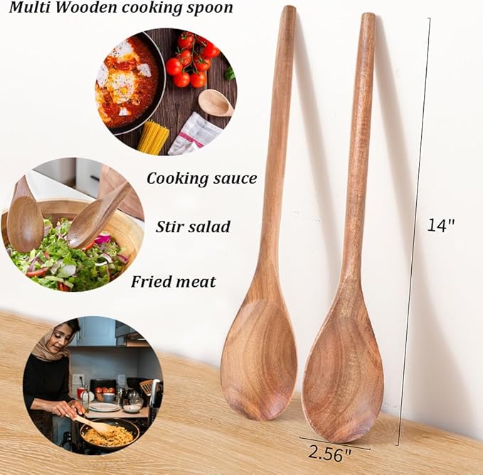 2PCS Acacia Wooden Spoons For Cooking-14 Inch Smooth Finish Cooking Spoons-Comfortable Grip Wood Spoons for Cooking - Non-Stick Cooking Utensils (Cooking Spoons 2pcs)