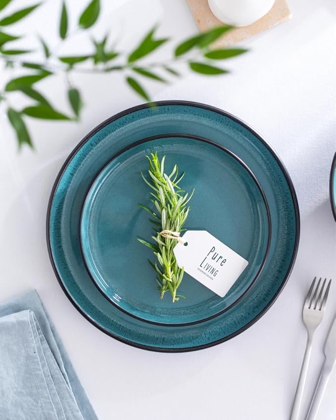 Stoneware dinnerware set 4 persons 12 pcs ??Modern style plates and bowls set ceramic ??Dishwasher safe and scratch resistant ??Bowl and plate set ??Dinner service Pure Living black & petrol blue
