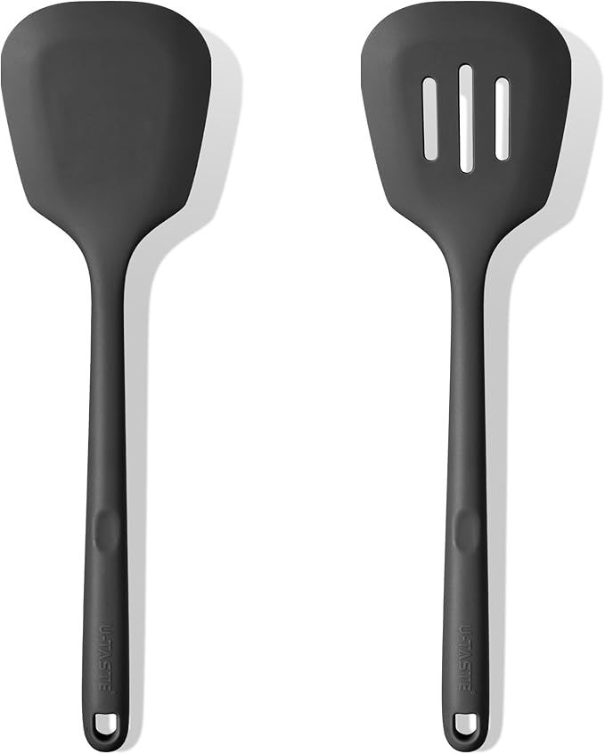 600쨘F Heat Resistant Silicone Turner: U-Taste 13.6in Long Solid & Slotted Thick Kitchen Spatula Flipper, Large Flexible Cooking Utensil for Flipping Egg in Nonstick Cookware (Classic Black, 2PCS)