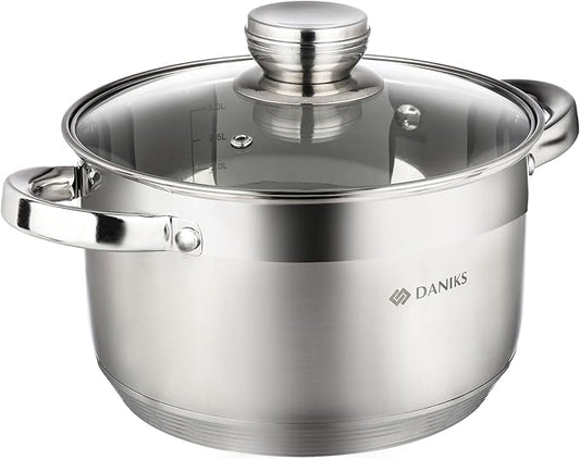 Daniks Standard 4 Quart Stainless Steel Stock Pot with Glass Lid, Try-Ply Bottom for Even Heating, Induction Compatible, Dishwasher Safe, Built-In Measuring Scale, Silver