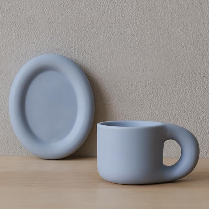 WENSHUO Chubby Funny Coffee Mug, Novelty Cute Cup and Saucer, Matte Cr챔me, 9 oz (Matte Blue)