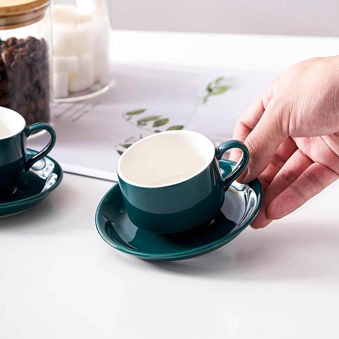 2.5oz Espresso Cups Set of 4, Small Stackable Coffee Cups with Saucers and Metal Stand, Ceramic Demitasse Cups, Cappuccino Cups for Coffee Drinks, Latte, Green