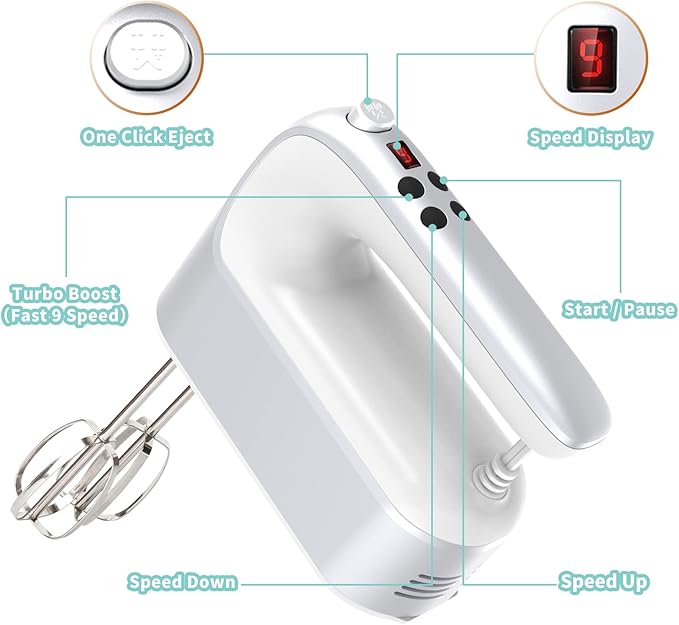 9-Speed Digital Hand Mixer Electric, 400W Powerful DC Motor, Baking Handheld with Snap-On Storage Case, 5 Stainless Steel Accessories, Flat Beaters, Dough Hooks, Whisk(Silvery White)