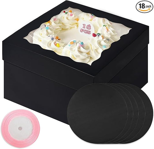 qiqee Black 10x10x8 Cake Box, 18 Sets Cake Box with Window 竊?18 Sets 10" Cake Round Boards, 10inch Cake Containers, 10 Meters Pink Silk Ribbon Includes