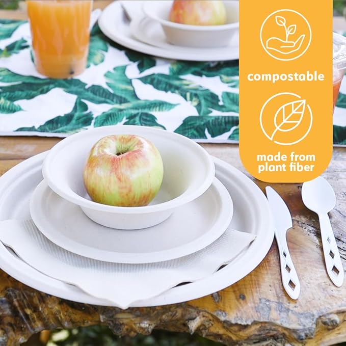 100% Compostable Disposable Paper Plates Bulk [10" 125 Pack], Bamboo Plates, Eco Friendly, Biodegradable, Sturdy Large Dinner Party Plates, Heavy-Duty, Unbleached by Earth's Natural Alternative