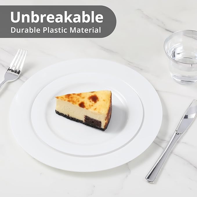 100 Pack White Plastic Plates Disposable, 10.25" & 7.5" Heavy Duty Shatterproof Plates for Large Party, Wedding, Catering (50 Large & 50 Small)