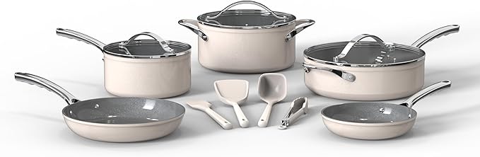 Bakken 12-Piece Aluminum Cookware Set with Ceramic Nonstick Coating, PTFE & PFAS Free, All Stovetop Safe Up To 500째F, Pots and Pans Set with Lids, Silicone Utensils Included, Dishwasher Safe, Cream