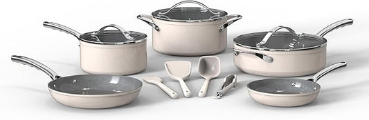 Bakken 12-Piece Aluminum Cookware Set with Ceramic Nonstick Coating, PTFE & PFAS Free, All Stovetop Safe Up To 500째F, Pots and Pans Set with Lids, Silicone Utensils Included, Dishwasher Safe, Cream
