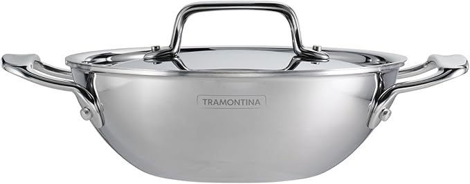 Tramontina Utsava Tri-Ply Clad Stainless Steel 1.8-Quart Kadai with Lid and Ceramic Non Stick Interior, Induction-Ready Small Kadhai Pot for Indian Cooking