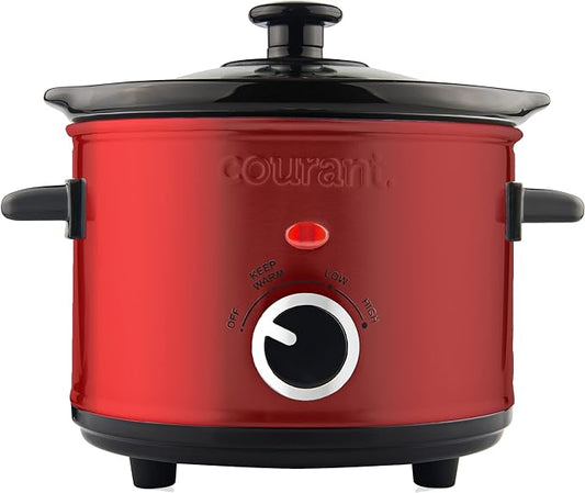 Courant Small Slow Cooker 1.6 QT, 3 Heat Settings, Removable Ceramic Pot" Easy Clean, Dishwasher Safe, Mini Slow Cooker, Red