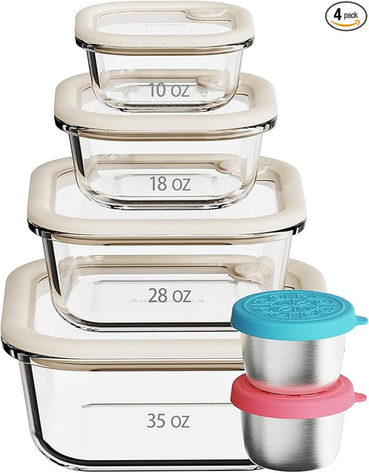 Glass Food Storage Containers with Silicone Glass Lids, 304 Stainless Steel Salad Dressing Containers, Microwave-safe LeakProof Food Containers Set, 100% Plastic Free-4-pack（White）