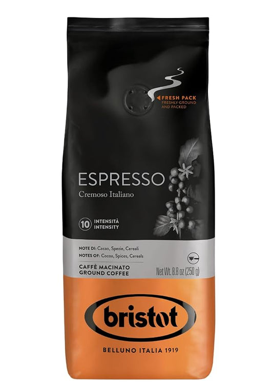 Bristot Espresso Cremoso Italiano Ground Coffee ??Medium Roast, Rich & Smooth ??8.8oz (250g) Bag ??Italian Ground Espresso for Home Machines