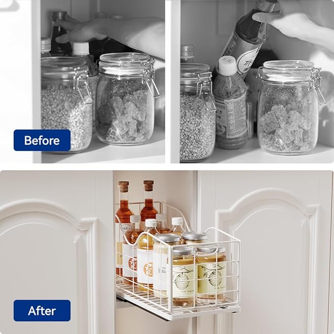 Pull out Narrow Cabinet Organizer,Carbon Steel Pull Out Drawer,Fixed Heavy Duty Kitchen Cabinet Slide Out Shelves for Storing and Organizing Bathrooms, Kitchens, Bedroom (White, Deep 16.7")