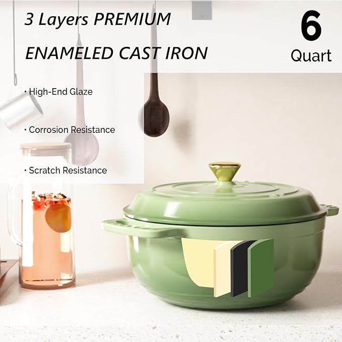VINGLI 6QT Enameled Cast Iron Round Dutch Oven Pot with Lid, NonStick Casserole Pot with Dual Handles & Silicone GlovesRed, Oven Safe up to 500째F or on Stovetop, Dutch Oven for Bread Baking, Green