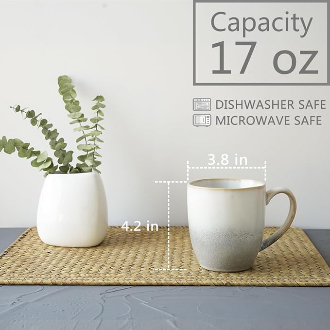 Bosmarlin Ceramic Coffee Mug Set of 4, 17 Oz, Coffee Cups with Big Handle, Microwave Safe, Unique Reactive Glaze (17 Oz, Grey White)