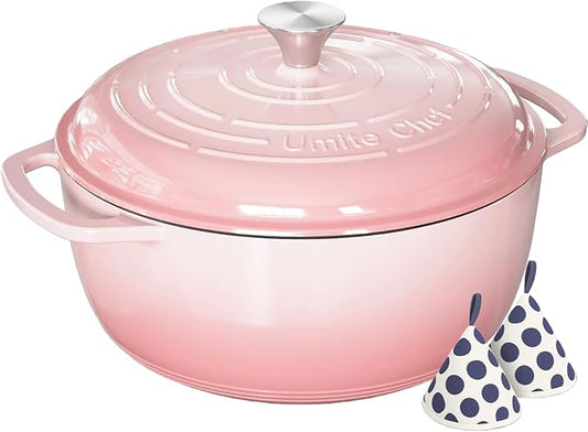 Umite Chef 6QT Enameled Cast Iron Dutch Oven with Lid, Versatile Heavy-Duty Cookware Pot for Baking Bread, Braising, Soups & Stews, Oven & Stovetop Safe with Heat Resistant Gloves(Pink)