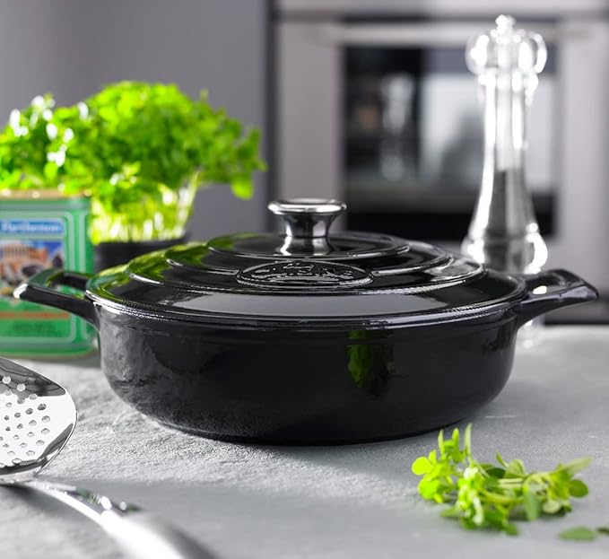 La Cuisine Enameled Cast Iron Braiser Saute Pan Shallow Casserole with lid, 3.75 Quart (QT) 11" Diameter Matte Black Enamel Coating Interior, Glossy Black Porcelain Enamel Coating Exterior