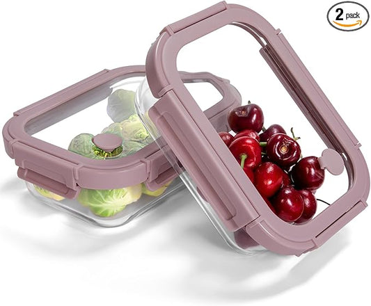 2-Pack Glass Food Storage Containers with Tempered Lids (21.3oz/2.7cup) - Airtight Snap Lock, Microwave & Oven Safe (-4?? 950째F), Freezer to Baking Dish, BPA-Free, Gift Box (Pink)